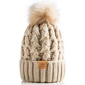 Women’s Beige Winter Ribbed Beanie Hat Chunky Cable Knit Pompom Warm